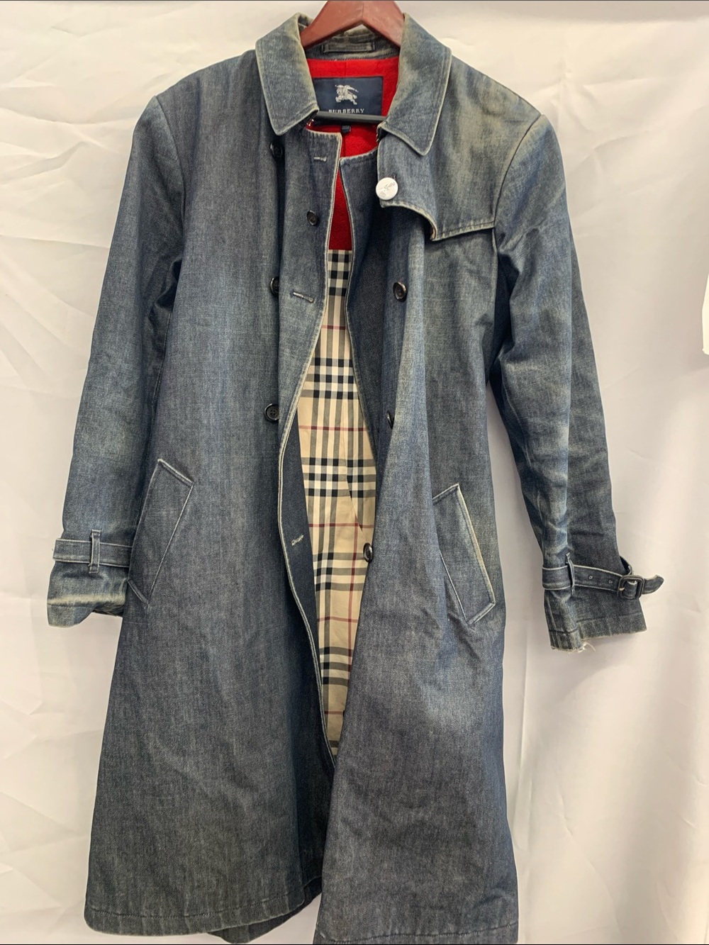 Burberry Blue Denim Trench Coat with Signature Check Lining